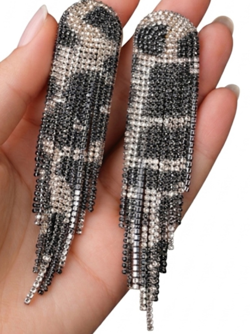 NWT Leopard Print Rhinestone Tassel Duster Earrings Long 4.7" Statement Y2K - Picture 2 of 4